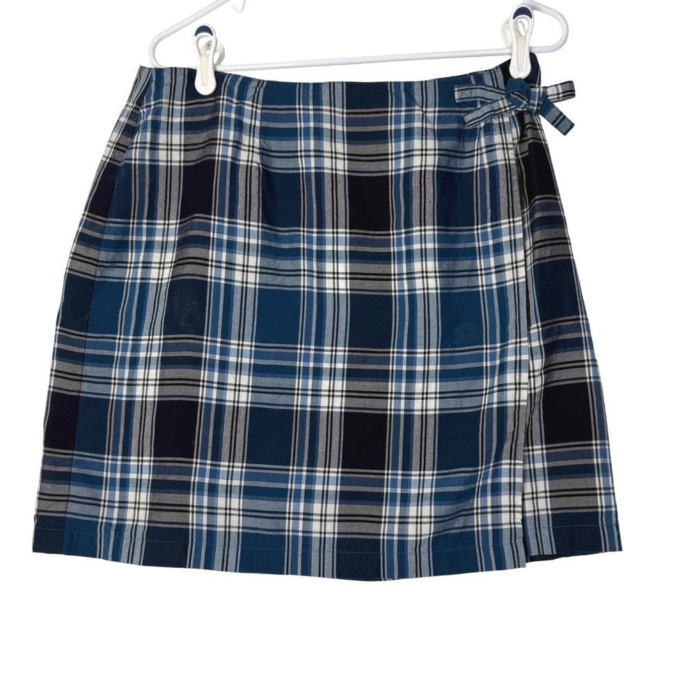 Talbots Womens Plaid Wrap‎ Skirt Tie Waist Blue White Size 16